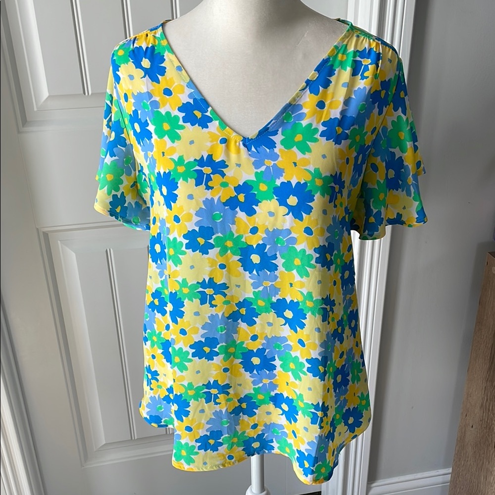 Loft Floral Blue/Yellow/Green Top (size XS)